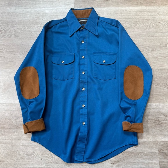 Vintage 60s 70s JC Penney Suede Elbow Patches Utility Work Shirt USA Men Size M - Picture 1 of 9